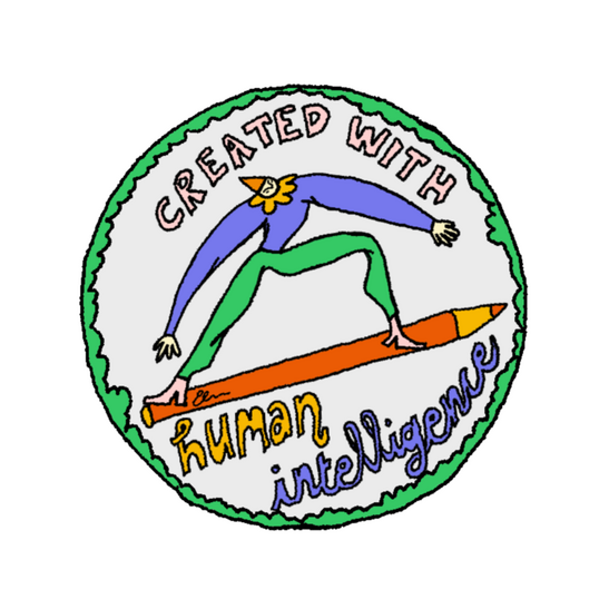 Created with human intelligence badge, with hand-drawn lettering and a clown standing on a red pencil, with a green border