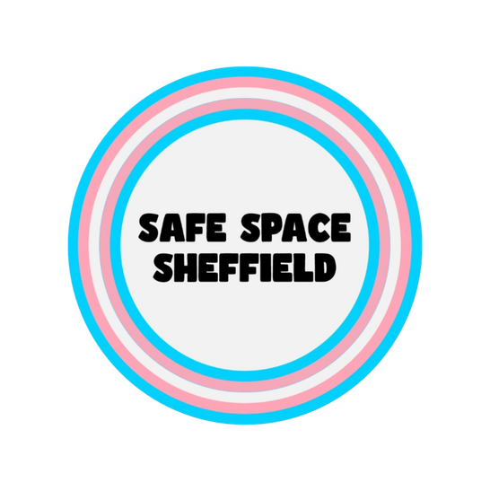 sheffield safe space logo, with trans flag circular outline and bold, black capital text in the middle