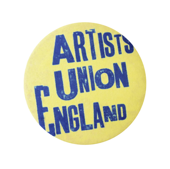 Untitled yellow and blue badge style graphic, with capital text saying "Artists Union England"