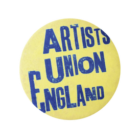Untitled yellow and blue badge style graphic, with capital text saying "Artists Union England"