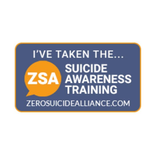 Untitled blue orange and white graphic- text inside a blue rectangle which states "I've taken the ZSA Suicide Awareness Training", ZSA is in white writing inside an orange speech bubble