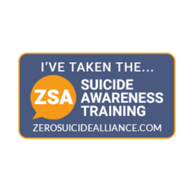 Untitled blue orange and white graphic- text inside a blue rectangle which states "I've taken the ZSA Suicide Awareness Training", ZSA is in white writing inside an orange speech bubble