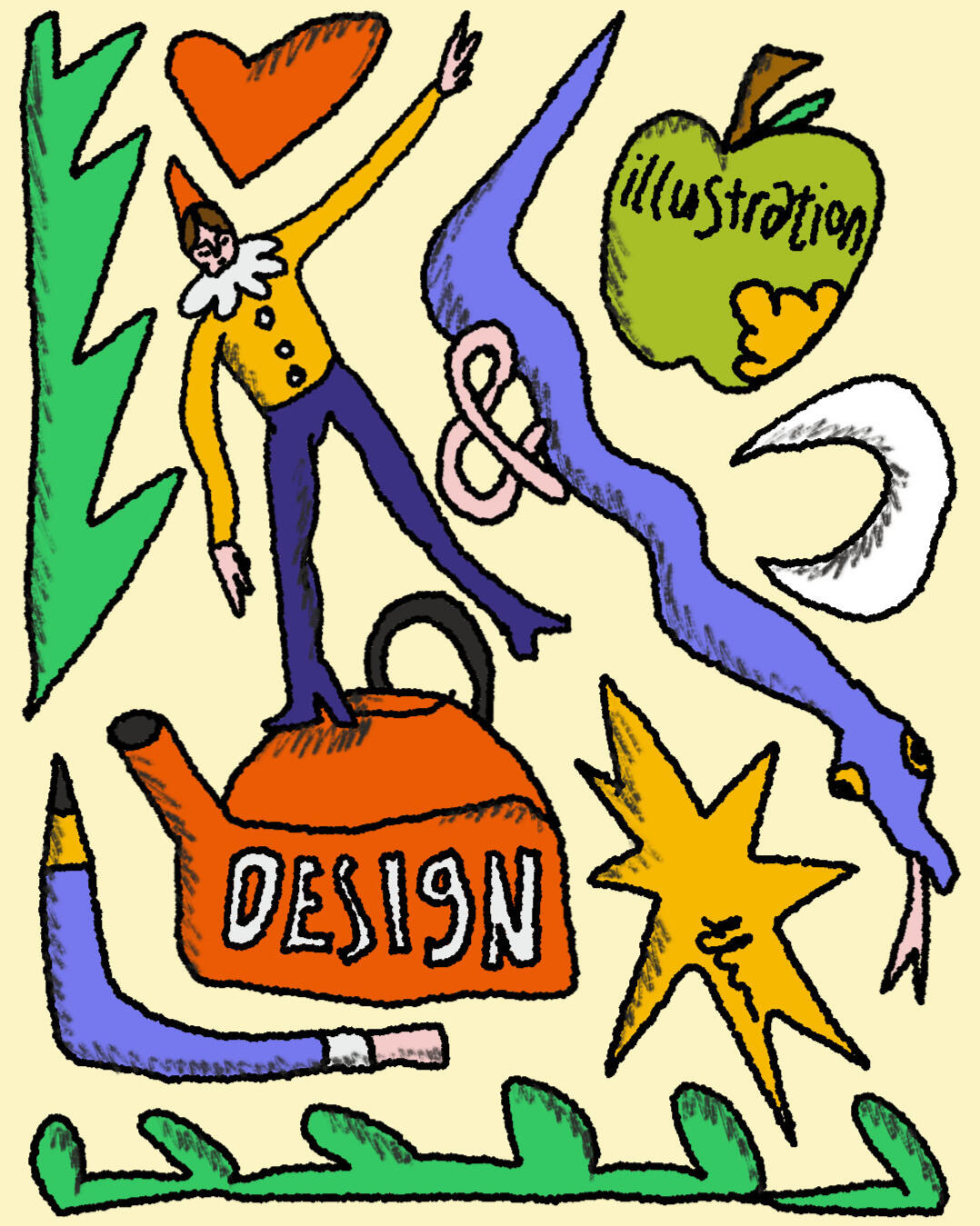 fun illustrated graphic showing a bunch of objects on a cream background, including a clown on a red teapot, a purple snake, a purple pencil, a red heart, white moon, green apple, yellow star and some green shrubs. On the green apple and red tea pot, hand