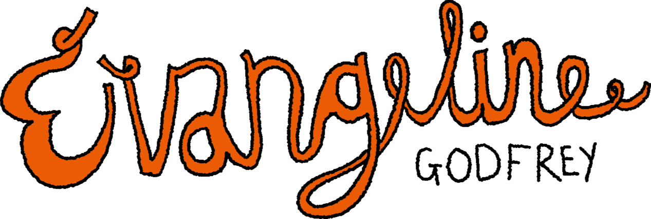 hand-drawn logo which reads Evangeline Godfrey, Evangeline is in a curly script style with a black outline and red fill